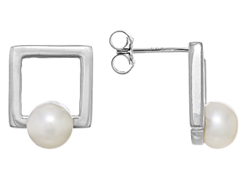 6-7mm White Cultured freshwater Pearl Rhodium Over Sterling Silver Drop Earrings