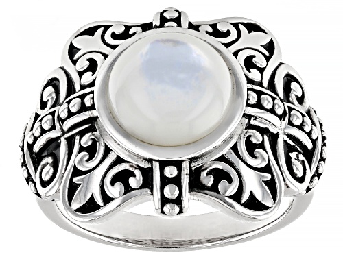 9mm White Mother-of-Pearl Rhodium Over Sterling Silver Oxidized Ring - Size 6