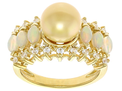 9-10mm Golden Cultured South Sea Pearl with Ethiopian Opal & Zircon 18k Yellow Gold Over Silver Ring - Size 7