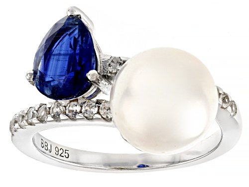 9.5-10mm White Cultured Freshwater Pearl, 1.06ct Kyanite & Zircon Rhodium Over Sterling Silver Ring - Size 6