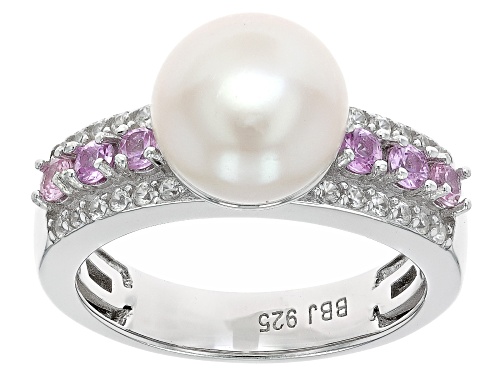 9-9.5mm Cultured Freshwater Pearl with Pink Sapphire & White Zircon Rhodium Over Silver Ring - Size 11