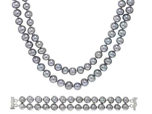 7.5-8.5mm Platinum Cultured Freshwater Pearl Rhodium Over Sterling Silver Bracelet and Necklace Set