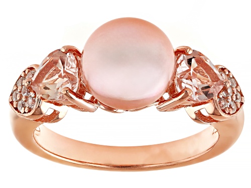 8.5-9mm Pink Cultured Freshwater Pearl with Morganite & Zircon 18k Rose Gold Over Silver Ring - Size 6
