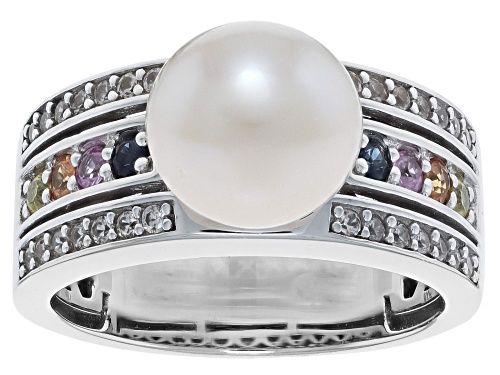 9-10mm White Cultured Freshwater Pearl with Multi-Color Sapphire & Zircon Rhodium Over Sterling Ring - Size 7