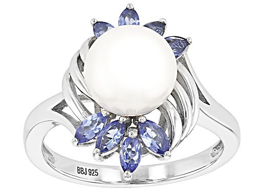 8-9mm White Cultured Freshwater Pearl and 0.64ctw Tanzanite Rhodium Over Sterling Silver Ring - Size 12