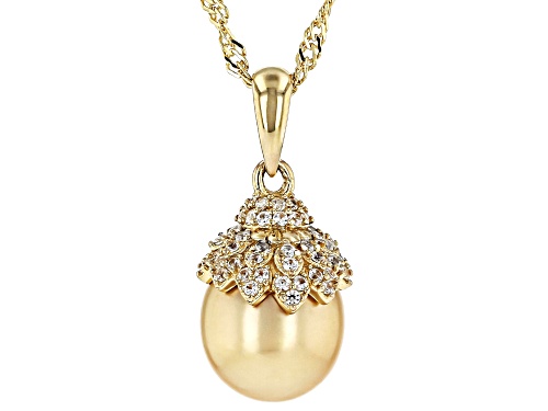 Photo of 9-10mm Golden Cultured South Sea Pearl & White Zircon 18k Gold Over Sterling Silver Pendant/Chain