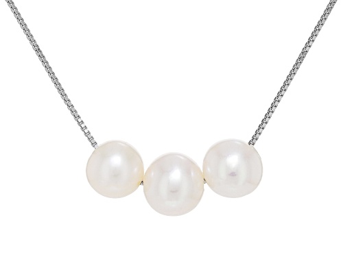 7-8mm White Cultured Freshwater Pearl Rhodium Over Sterling Silver Necklace - Size 18