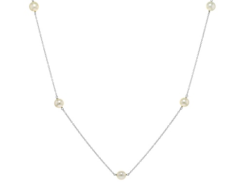7-8mm White Cultured Freshwater Pearl Rhodium Over Sterling Silver Station Necklace - Size 18