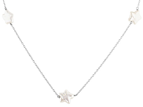 7-8mm White Cultured Freshwater Pearl Rhodium Over Sterling Silver Star Shaped Station Necklace - Size 18