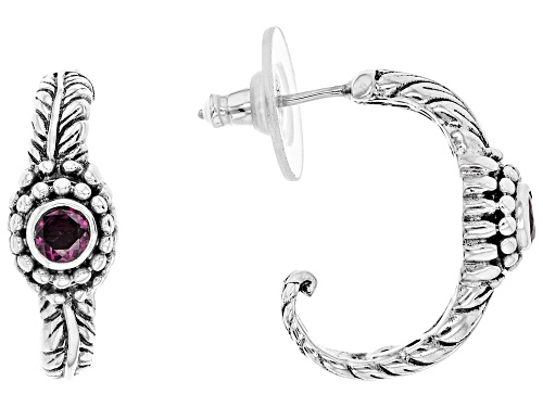 Artisan Collection Of Bali™ .60ctw 4mm Round Rhodolite Silver Feather J- Hoop Earrings