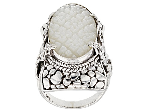 Photo of Artisan Collection Of Bali™ Oval Carved White Mother Of Pearl Flowers Silver Solitaire Ring - Size 6