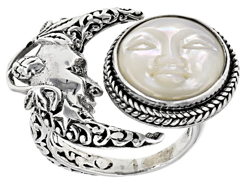 Artisan Collection Of Bali™ Carved White Mother Of Pearl Face Silver Celestial Solitaire Ring - Size 7