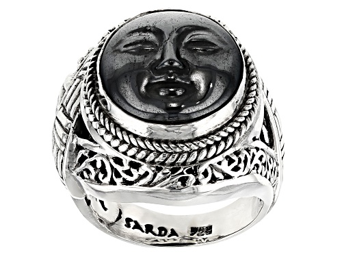 Artisan Collection Of Bali™ 14mm Round Carved Hematine Face Sterling Silver Solitaire Ring - Size 7