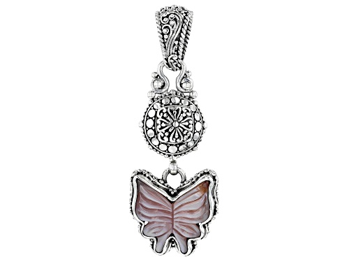 Artisan Collection Of Bali™ Custom Shape, Carved Pink Mother Of Pearl Butterfly Silver Pendant