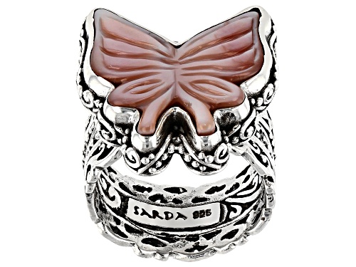 Artisan Collection Of Bali™ Custom Shape, Carved Pink Mother Of Pearl Butterfly Silver Ring - Size 5