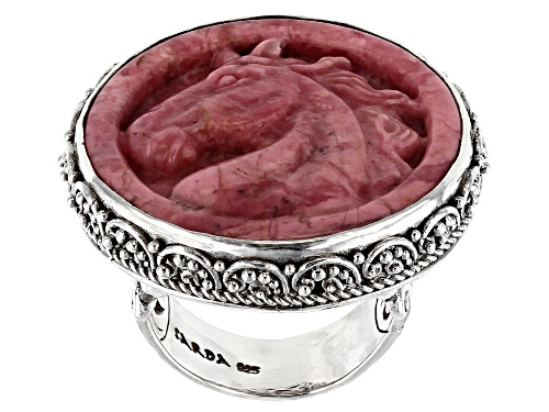 Artisan Collection Of Bali™ 30mm Round Carved Rhodonite Horse Sterling Silver Solitaire Ring - Size 6