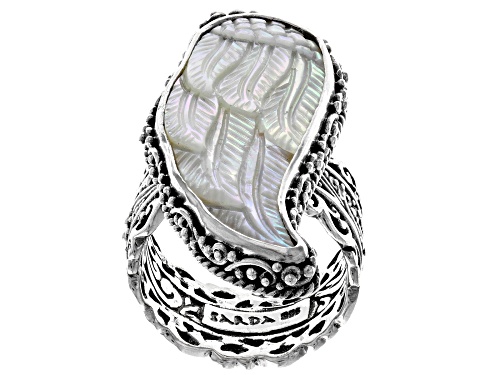 Artisan Collection Of Bali™ Custom Shape Carved Mother Of Pearl Angel Wing Silver Band Ring - Size 6
