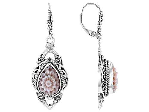 Artisan Collection Of Bali™ 14x10mm Pear Shape Carved Pink Mother Of Pearl Dahlia Silver Earrings
