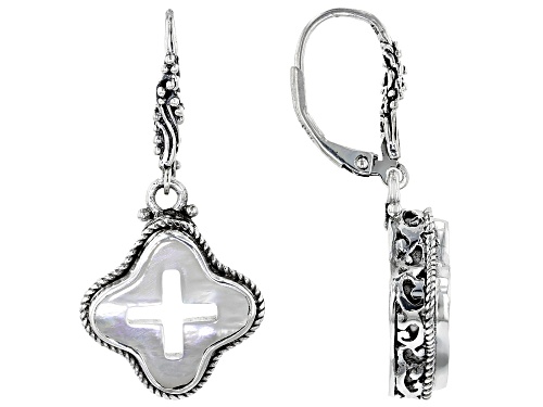 Artisan Collection of Bali™ 15mm Clover Shape, Carved White Mother Of Pearl Cross Silver Earrings