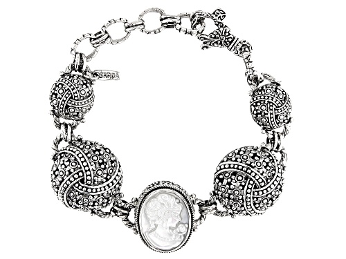 Artisan Collection Of Bali™ 20x15mm Oval, Carved White Mother Of Pearl Cameo Silver Bracelet - Size 7
