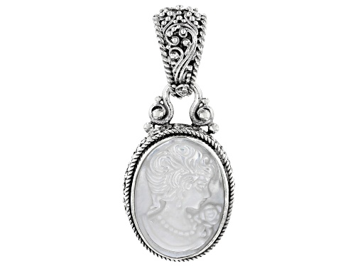 Artisan Collection Of Bali™ 20x15mm Oval, Carved White Mother Of Pearl Cameo Silver Pendant