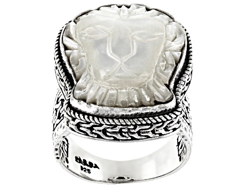 Artisan Collection Of Bali™ 21x17mm Carved White Mother Of Pearl Lion Silver Solitaire Ring - Size 8