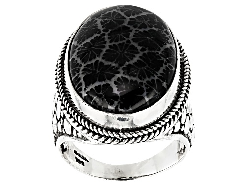 Photo of Artisan Collection Of Bali™ 24x18mm Oval Black Indonesian Coral Cabochon Silver Solitaire Ring - Size 7
