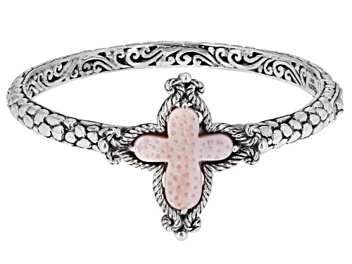 Artisan Collection Of Bali™ 20x18mm Carved Pink Mother Of Pearl Cross Silver Bangle Bracelet - Size 6.5