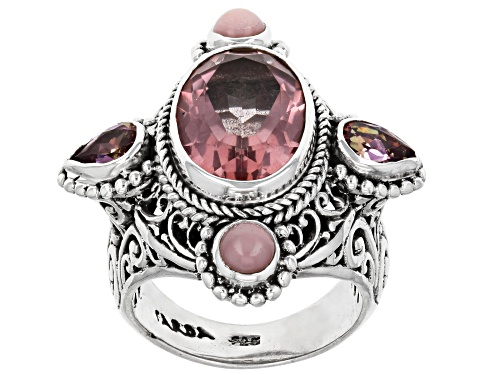 Artisan Collection Of Bali™ 5.62ctw Sudsy Sells™  Quartz, Pink Opal, Magnifique Sunrise™ Silver Ring - Size 9