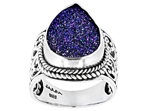 Artisan Collection of Bali™ 16x12mm Peacock Purple Green™ Drusy Quartz Silver Ring - Size 8