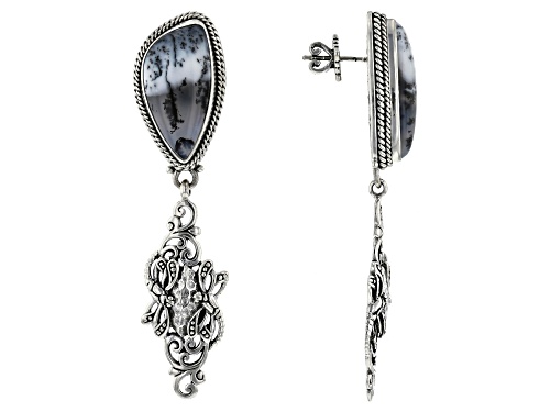 Artisan Collection of Bali™ 24x12mm Dendritic Agate Silver Dragonfly Earrings