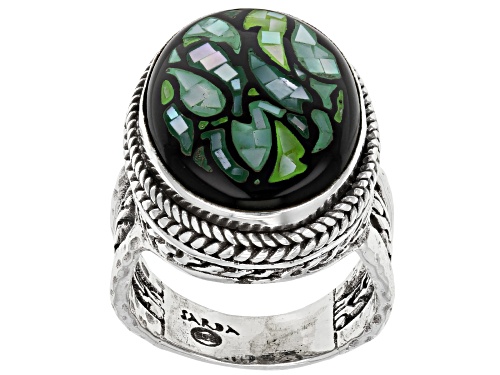 Photo of Artisan Collection of Bali™ 20x15mm Green Mosaic Mother-of-Pearl Silver Leaf Ring - Size 7