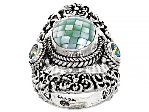 Artisan Collection of Bali™ Mosaic Mother-of-Pearl & .60ctw Bali Crush™ Topaz Silver Ring - Size 7