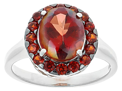 1.96ct Oval Red Labradorite With 0.64ctw Round Vermelho Garnet™ Rhodium Over Silver Ring - Size 8