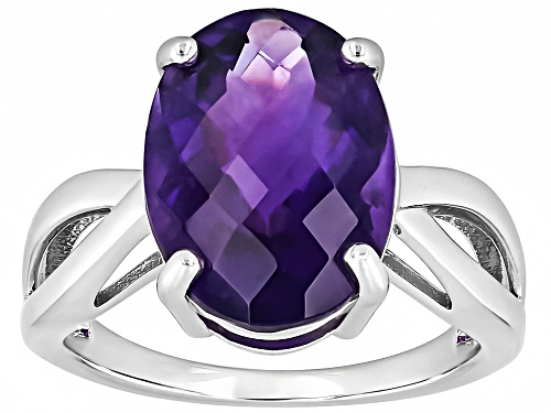 6.09ct Oval Checkboard Cut African Amethyst Rhodium Over Sterling Silver Solitaire Ring - Size 6