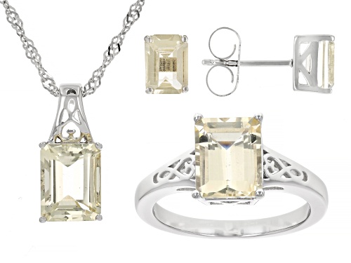 6.95ctw Rectangular Yellow Labradorite Rhodium Over Silver Ring,Earrings, Pendant With Chain