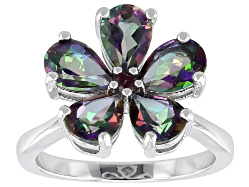 3.40ctw Mystic Fire® Green Topaz with 0.04ctw Rhodolite Rhodium Over Sterling Silver Ring - Size 7