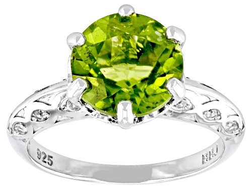 3.00ct Round Manchurian Peridot™ With 0.09ctw White Zircon Rhodium Over Sterling Silver Ring - Size 9
