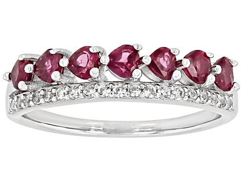 0.90ctw Heart Raspberry Rhodolite With .18ctw White Zircon Rhodium Over Silver Band Ring - Size 7