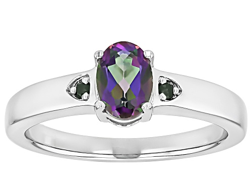 0.80ct Oval Mystic Topaz With 0.02ctw Green Diamond Accent Rhodium Over Sterling Silver Ring - Size 8