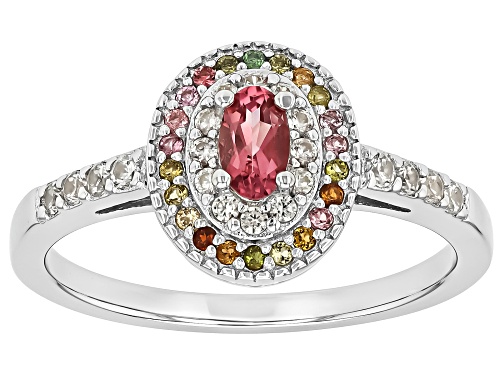 0.19ct Oval Pink Tourmaline, .07ctw Multi Tourmaline With .23ctw Zircon Rhodium Over Silver Ring - Size 9