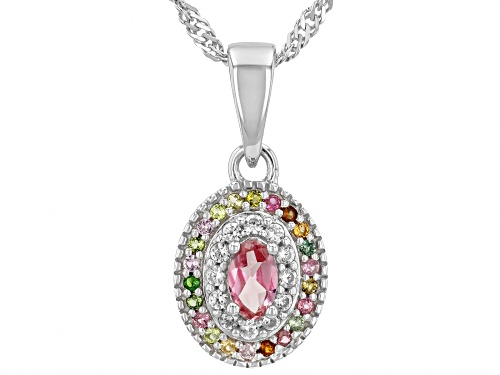 0.26ctw Pink &Multi Tourmaline With 0.10ctw White Zircon Rhodium Over Silver Pendant With Chain