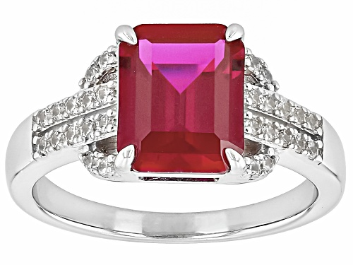 3.50ct Rectangular Octagonal Lab Created Ruby With 0.24ctw White Zircon Rhodium Over Silver Ring - Size 9