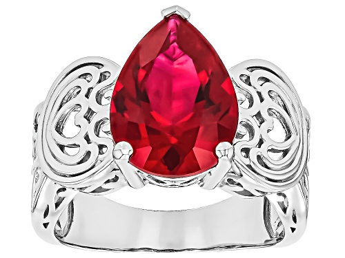5.20ct Pear Lab Created Ruby Rhodium Over Sterling Silver Solitaire Ring - Size 8