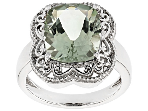4.36ct Rectangular Cushion Prasiolite Rhodium Over Sterling Silver Ring - Size 7