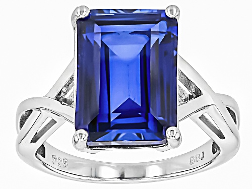 8.37ct Emerald Cut Lab Created Blue Sapphire Rhodium Over Sterling Silver Solitaire Ring - Size 10
