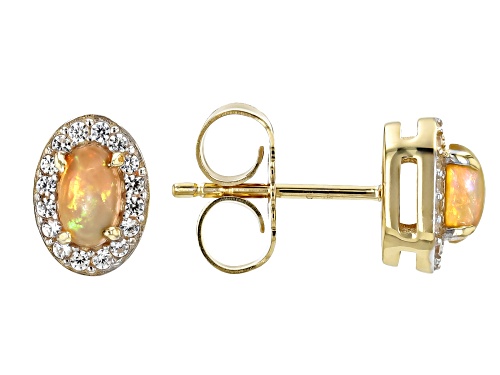 5x3mm Ethiopian Opal, 0.20ctw Zircon 18k Yellow Gold Over Sterling Silver Earrings