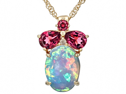 .71ct Ethiopian Opal With .44ctw Rhodolite & .01ctw White Diamond 10k Yellow Gold Pendant With Chain