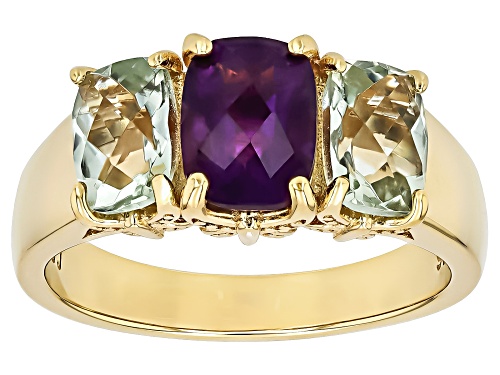 1.31ct African Amethyst With 1.39ctw Prasiolite 18k Yellow Gold Over Sterling Silver 3-Stone Ring - Size 6