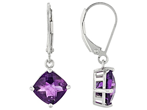 3.66ctw Square Cushion African Amethyst Rhodium Over Sterling Silver Dangle Earrings